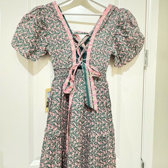 Trovata Nellie Sweet Melba Green Pink Lace Up Floral Midi A Line Dress XS - Picture 13 of 13